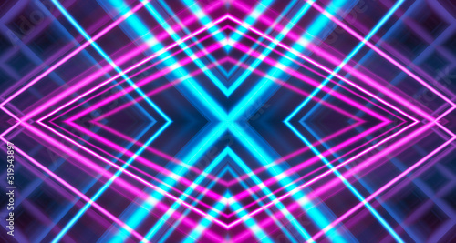 Dark background  blue and pink neon lines. Symmetric reflection of geometric shapes.