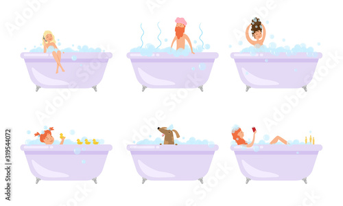 Men, women and dog taking bath and relaxing vector illustration