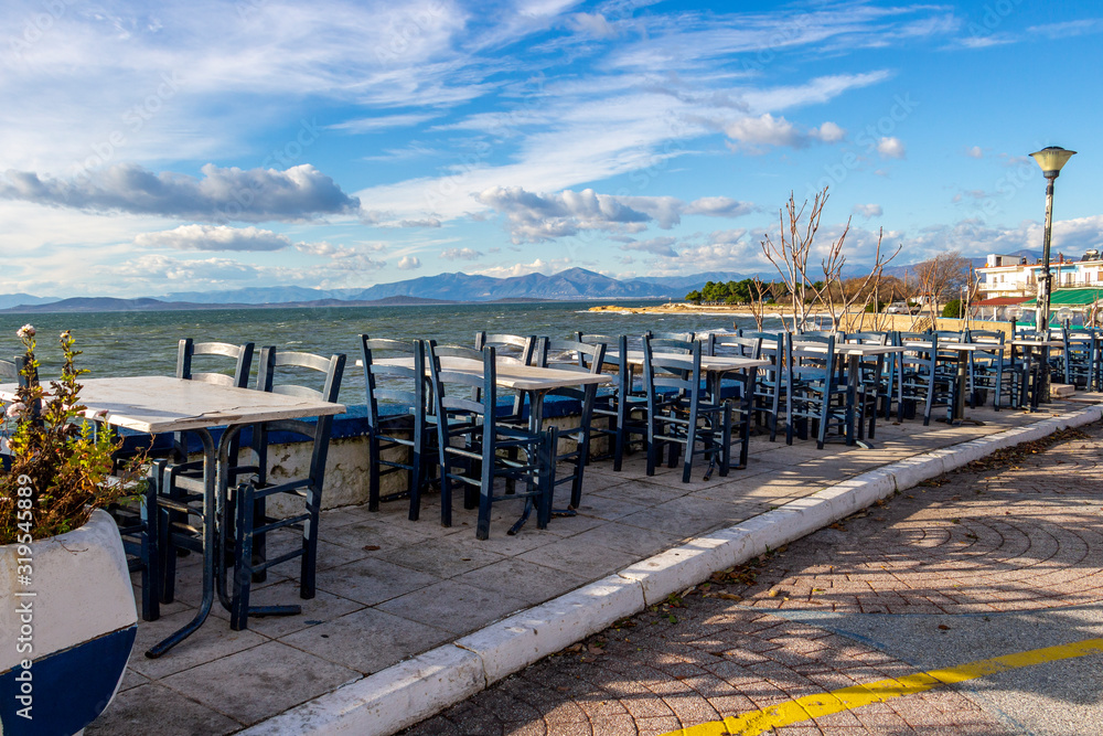 Empty off-season tables at the scenic village of Fanari, Rhodope prefecture, Greece