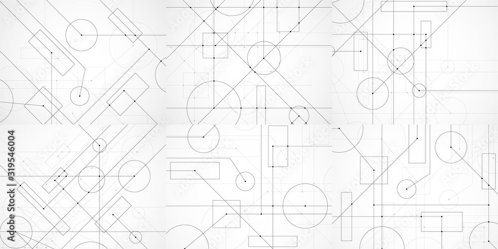 Set of abstract backgrounds with engineering drawing. Technological wallpaper made with circles and lines. Geometric design. Vector Illustration