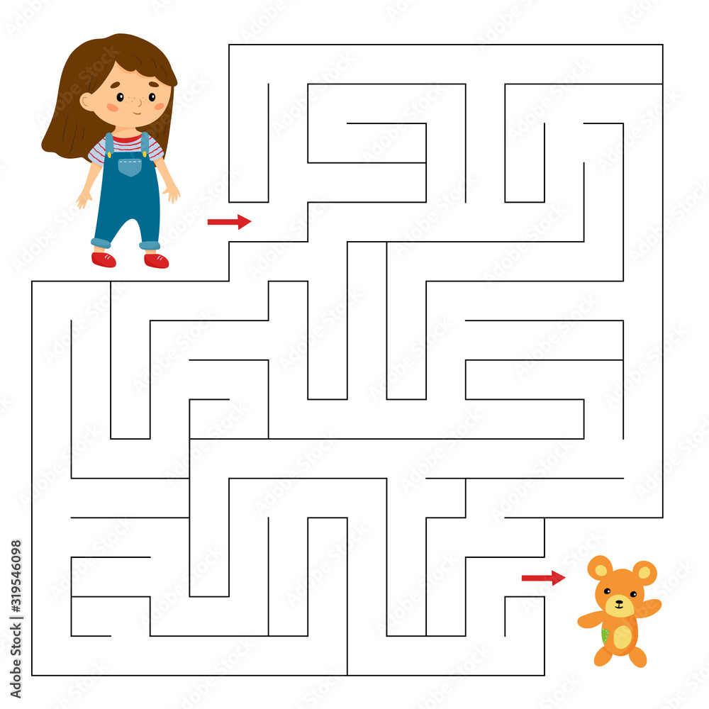 Maze game for preschool children. Help the little girl find right way to her teddy bear. Cartoon characters. Educational worksheet. Maze game for preschool children. Help the little girl find right way to her teddy bear. Cartoon characters. Educational worksheet.