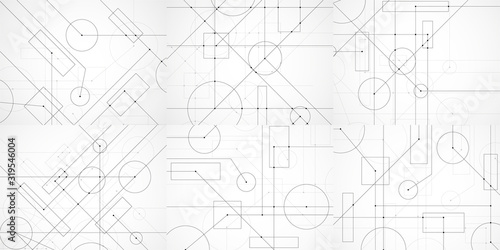Set of abstract backgrounds with engineering drawing. Technological wallpaper made with circles and lines. Geometric design. Vector Illustration