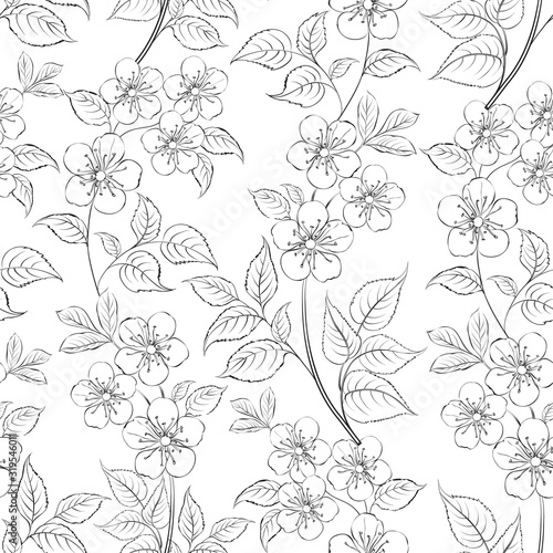 Cherry blossom seamless pattern. Hand drawn spring blossom trees. Floral pattern for wedding invitations, greeting cards, scrapbooking, print, fabric, gift wrap, manufacturing. Vector illustration.