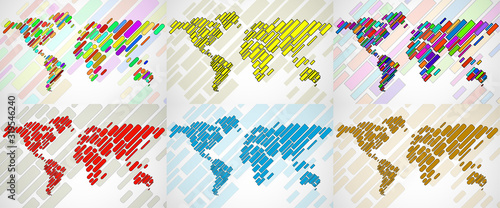 Set of abstract world maps with lines. World stripes map. Vector Illustration
