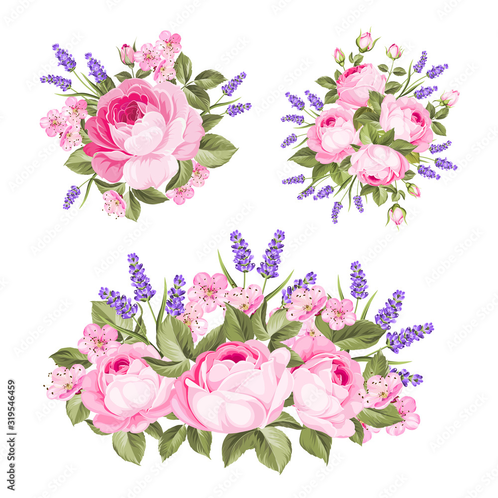 Vector setof rose, lavender bouquets. Spring wedding romantic date marriage symbol. Rose and Lavender garland, bouquet for your template, design of invitation card. Vintage illustration. Vector setof rose, lavender bouquets. Spring wedding romantic date marriage symbol. Rose and Lavender garland, bouquet for your template, design of invitation card. Vintage illustration.