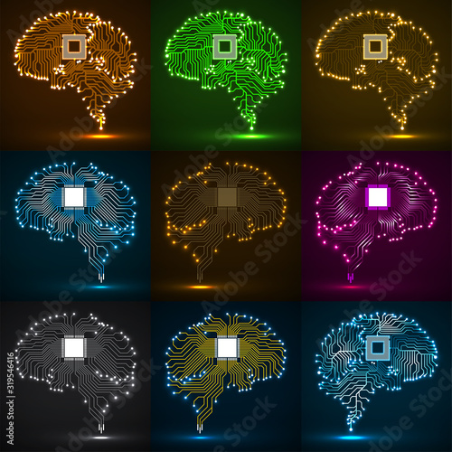 Set of abstract technological glowing brain. Cpu. Circuit board. Vector illustration