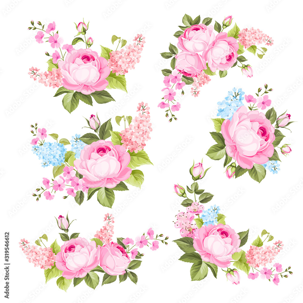 Spring rose and lilac flowers bouquet of color bud garland. Label with rose and lilac flowers. Hand drawn nature painting. Floral design elements. Vector illustration.