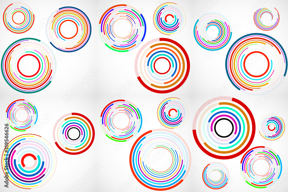 Fototapeta premium Set of abstract backgrounds of colorful circles with lines, technology backdrop, geometric shapes. Vector Illustration