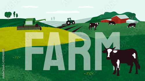 Farming landscape with combine harvester, cows in pasture, tractor and agricultural field. Background for agriculture, livestock, dairy company. Vector illustration with caption Farm for flyer, layout
