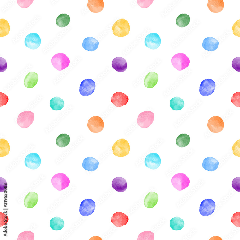 Colorful watercolor round doodle spots, uneven polka dots seamless vector pattern. Circle shape brush strokes, stains, smudges, watercolour smears background. Hand drawn multicolor painted texture.