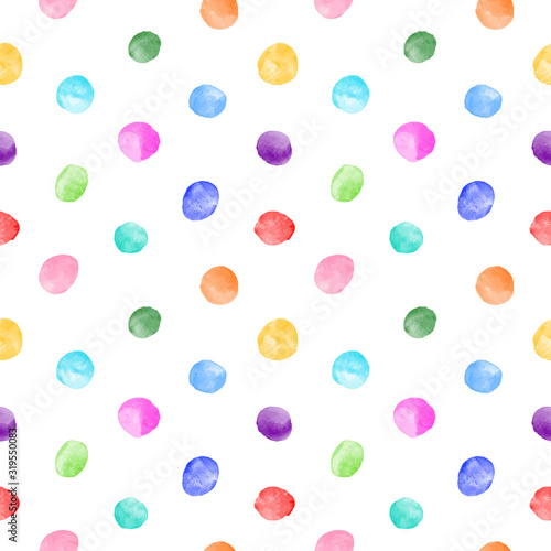Colorful watercolor round doodle spots, uneven polka dots seamless vector pattern. Circle shape brush strokes, stains, smudges, watercolour smears background. Hand drawn multicolor painted texture.