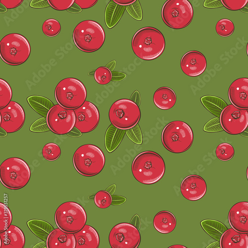 Seamless pattern with cranberries on a green background in vintage style