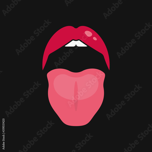 Open mouth women. Lips and tongue logo on black