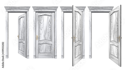 Open and closed gray doors with arched panels, cornice, columns. Old wooden doorways with vintage texture trim, isolated on white. High resolution 3D rendering with copy space