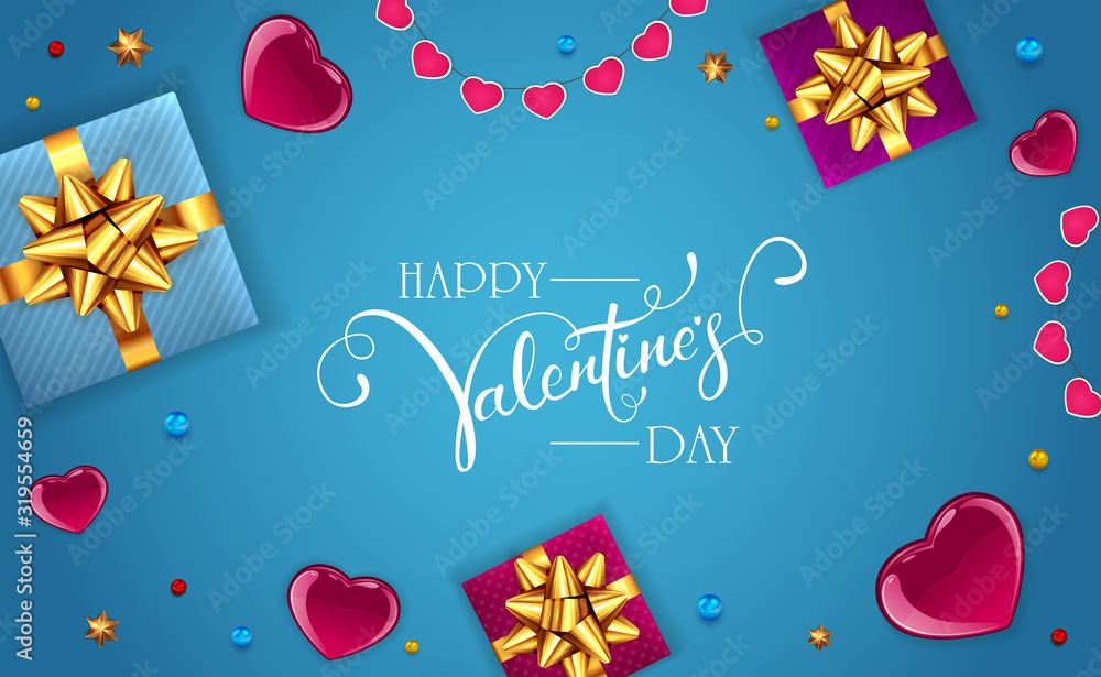 Naklejka premium Decorations with Gifts and Hearts on Blue Valentines Background