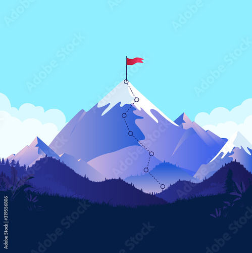 Path to success. Majestic mountain with a difficult trail leading to a red flag on top. Overcome challenge, hard work lead to success, motivational concept. Vector illustration.