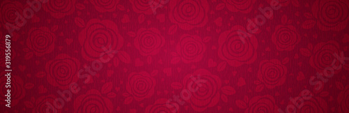 Red banner with valentines hearts and roses. Valentines greeting banner. Horizontal holiday background, headers, posters, cards, website. Vector illustration