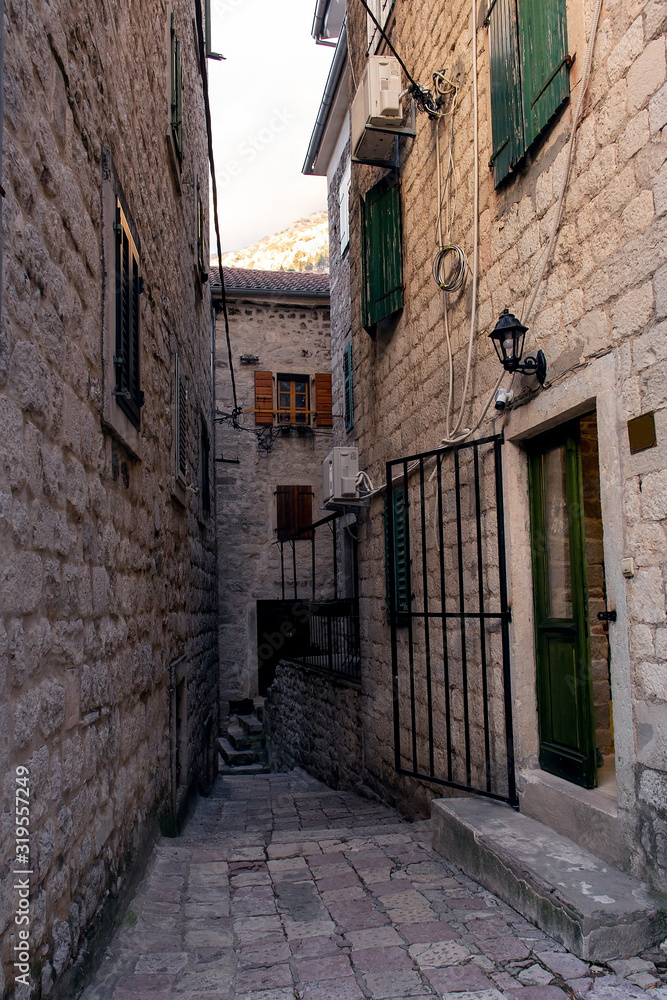 Narrow street in the old town of Kotor, Montenegro