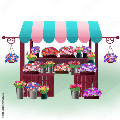 Open a flower shop or a wooden kiosk with a large number of pots and trays of flowers. Spring sale of seedlings or buds for bouquets with tulips and petunias. Vector illustration.
