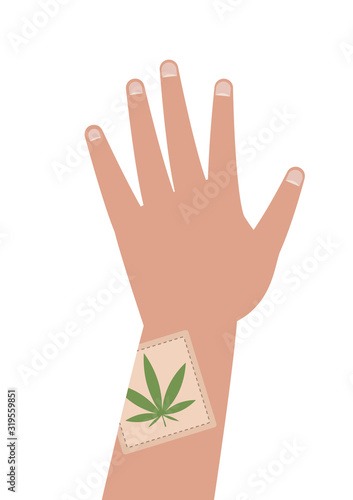 Band aid with cannabidiol on the hand isolated on white background. Concept illustration. The benefits of cannabidiol.