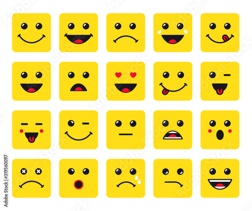 Set of emoticon icons. Bright yellow square shape smiley faces with round corners. Isolated abstract graphic design template. Internet messenger or computer chat. 3D logotype. World Smile Day