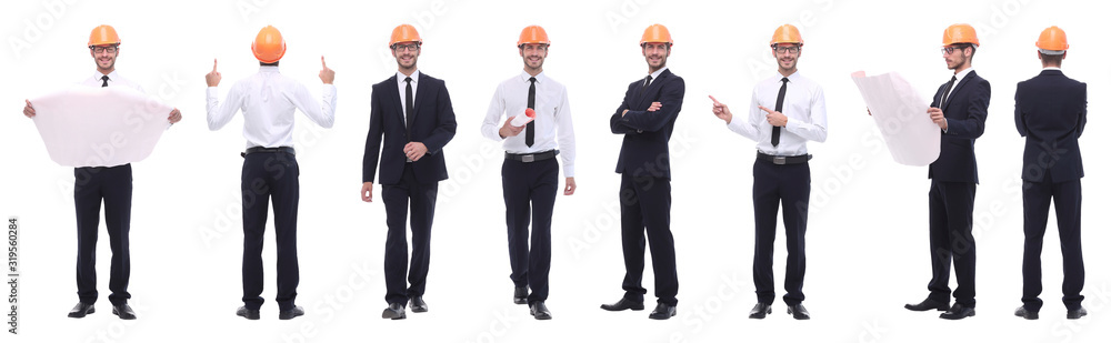 panoramic photo collage of architect expert isolated on white panoramic photo collage of architect expert isolated on white