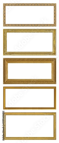Set of panoramic golden frames for paintings, mirrors or photo isolated on white background