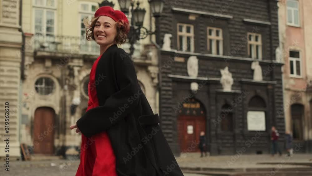 Sexy Woman In Red Walks The City Street. Sexy Woman In Red Walks The City Street.
