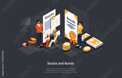 Isometric Stock And Bonds Concept. Business People Man And Woman Forming an Securities Investment Portfolio. Vector Illustration
