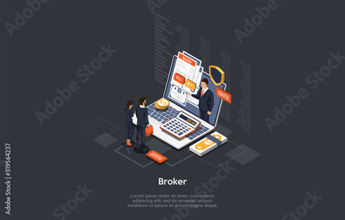 Isometric Broker Concept. Securities and Cryptocurrency Broker Makes An Investment Offer to Business people. Vector Illustration