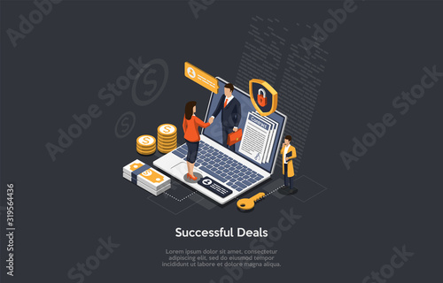 Isometric Successful Deal Concept. Business People In the Midst Of Signing the Contract. Successful Deal With Handshaking. Vector Illustration