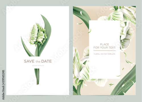 Green tulips on a white and pink background. Wedding invitation card in the botanical style. Vector template for the invitation, shop, beauty salon, spa. 
