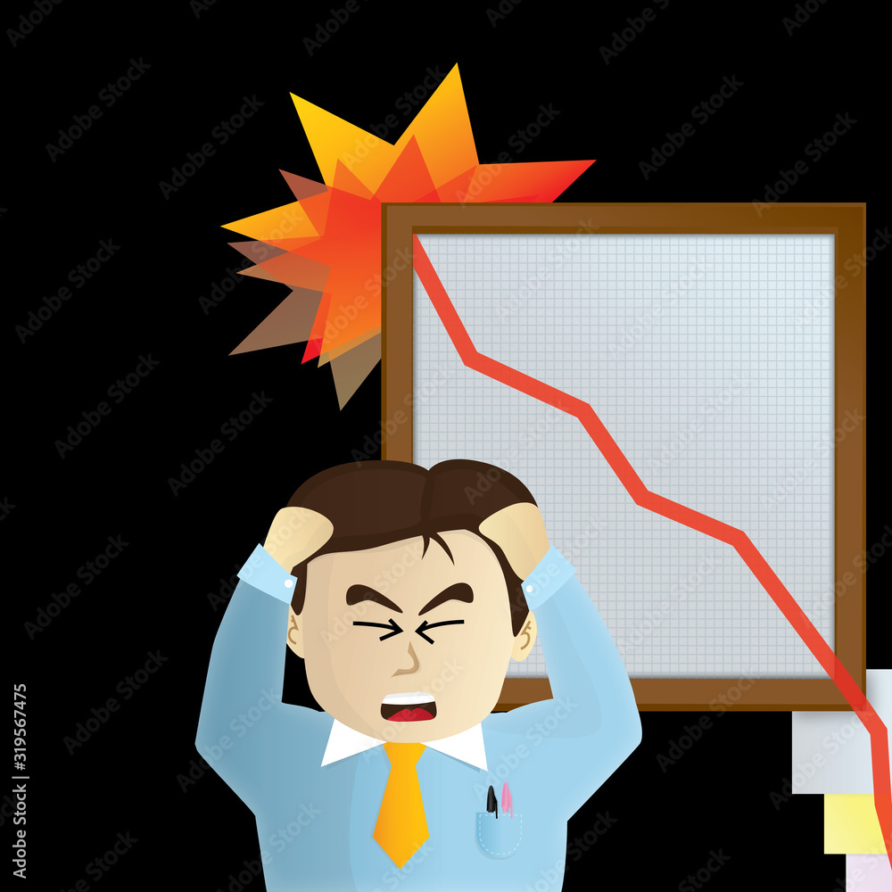 financial crysis, Line graph with arrow showing abrupt drop, businessman panicking financial crysis, Line graph with arrow showing abrupt drop, businessman panicking