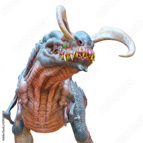 Fototapeta Naklejka Na Ścianę i Meble -  alien dinosaur standing up in a white background close up