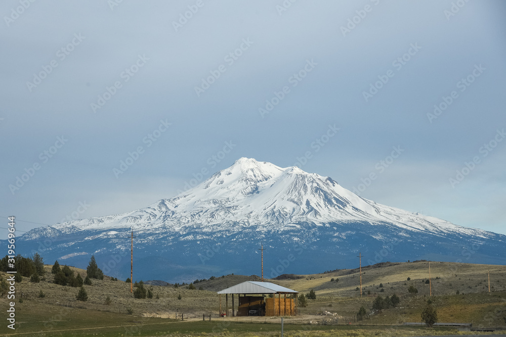 Wooden Structure in front of Mt. Shasta Wooden Structure in front of Mt. Shasta