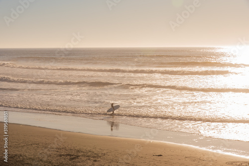 Surfer Entering the Ocean in California Beach 