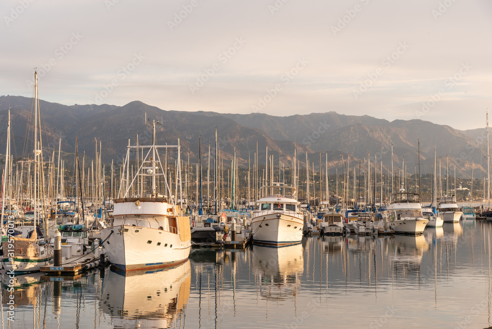 Fototapeta premium Boats at the Santa Barbara Marina at Sunrise