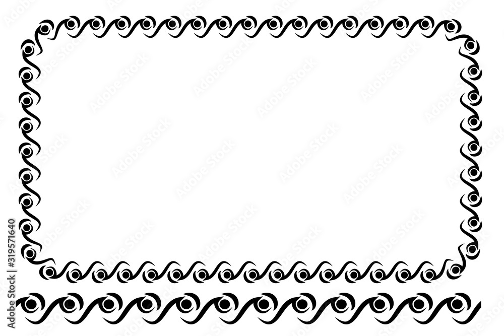 Vector Black Rounded Corner Rectangle Floral Frame, Isolated On White