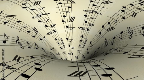 Music notes come out of the hole on old paper background, seamless animation         