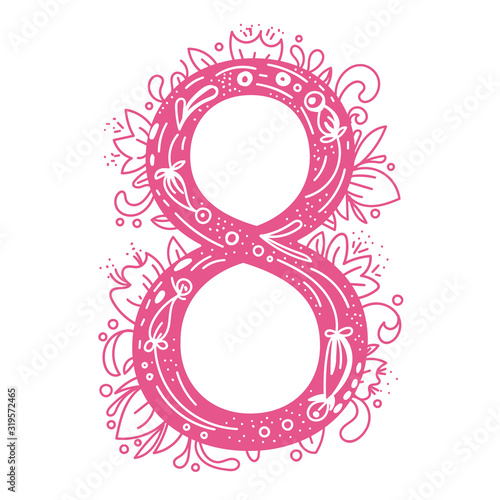 Eight pink in doodle style with flowers. Isolated on white background, March 8, vector illustration.