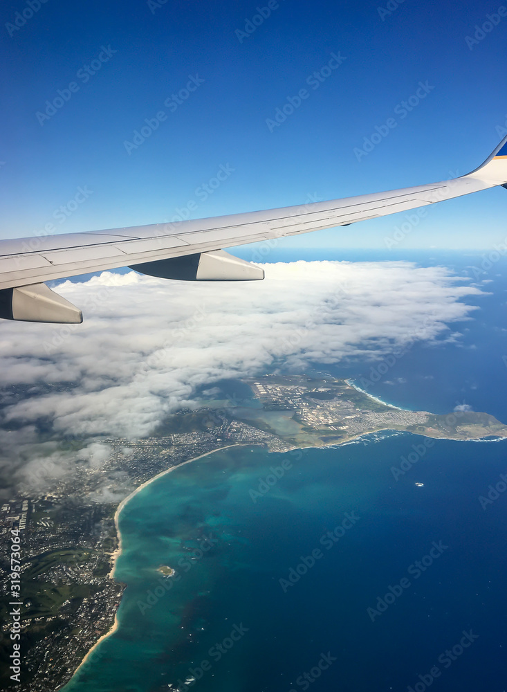 View of Oahu from an approaching Airplane