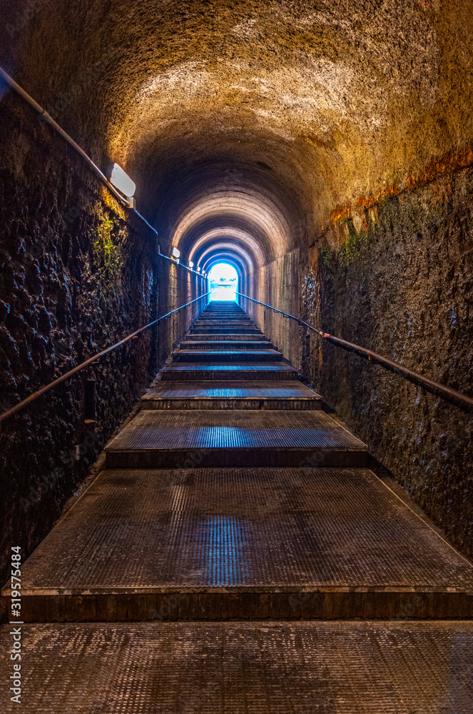 Naples, Herculaneum,  archaeological area, view of the remains of the ancient city buried by the eruption of the Vesuvius volcano in 79. Exit tunnel from the archaeological area.