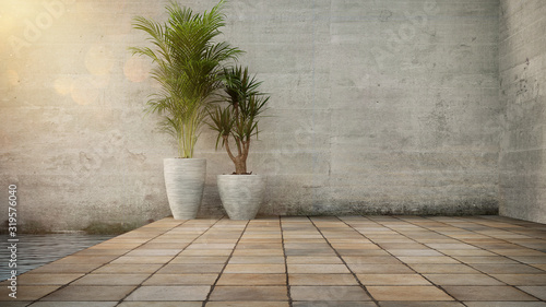 Concrete wall and Plant in pot on stone flooring tile, background. Place for your product, text. 3d render.   