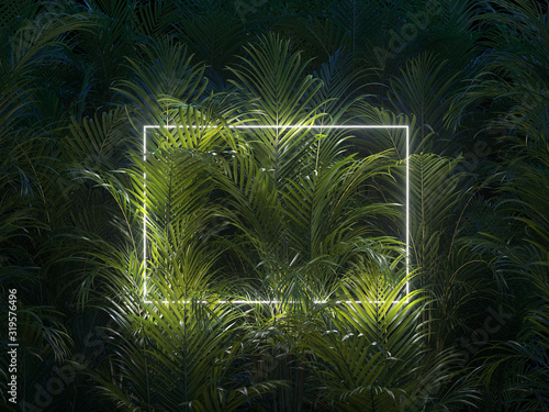 Minimal nature concept. Creative layout made of tropical leaves with neon frame. Flat lay. photo