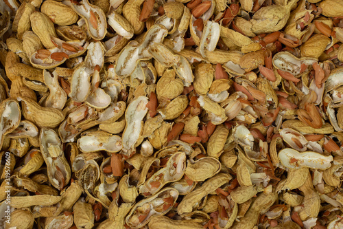 close-up of empty peanut shells after processing shelling from legume, top view