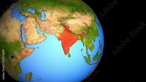 Closing in on India on political 3D globe with topography. 3D illustration.