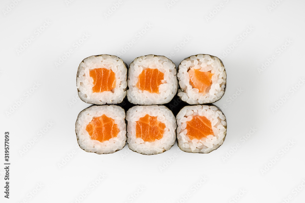 rolls with fish top view on a white background for the menu rolls with fish top view on a white background for the menu