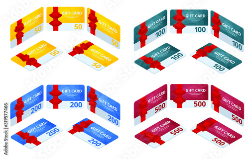 Isometric set of Gift Voucher Card template, Monetary Value Coupon icons