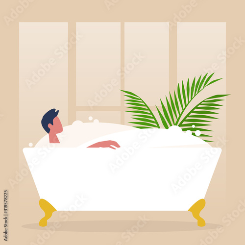 Young male character washing in a clawfoot vintage bathtub full of soap foam, relaxation and body treatment