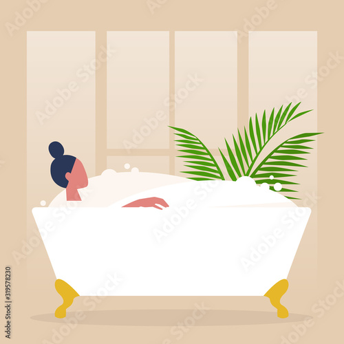 Young female character washing in a clawfoot vintage bathtub full of soap foam, relaxation and body treatment